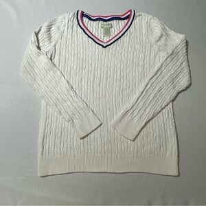 Caribbean Joe Cable Knit V-Neck Sweater White Navy Pink-Red Trim XL